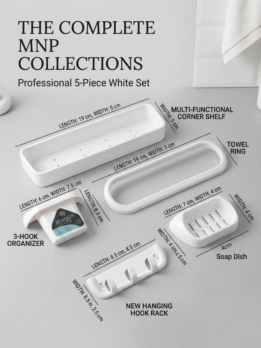 5-Piece Complete White Bathroom Accessory Set - Wall Mounted Self-Adhesive Organizers