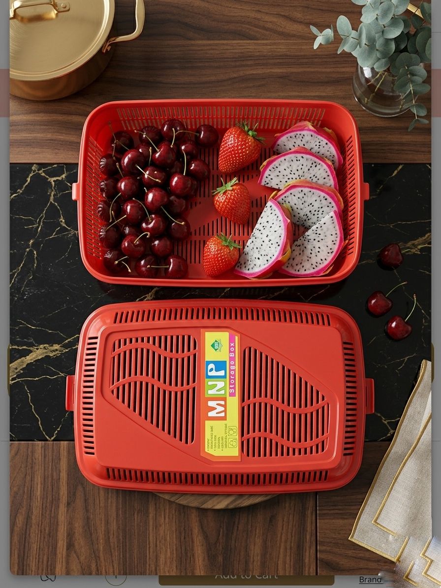MNP Multipurpose Ventilated Storage Box with Lid – Large Red Plastic Organizer * Option 2 (Functional): 2-in-1 Fruit Drainer & Medicine Storage Basket – Durable Plastic Utility Box