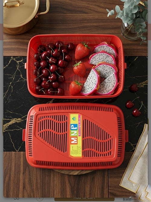 MNP Multipurpose Ventilated Storage Box with Lid – Large Red Plastic Organizer * Option 2 (Functional): 2-in-1 Fruit Drainer & Medicine Storage Basket – Durable Plastic Utility Box
