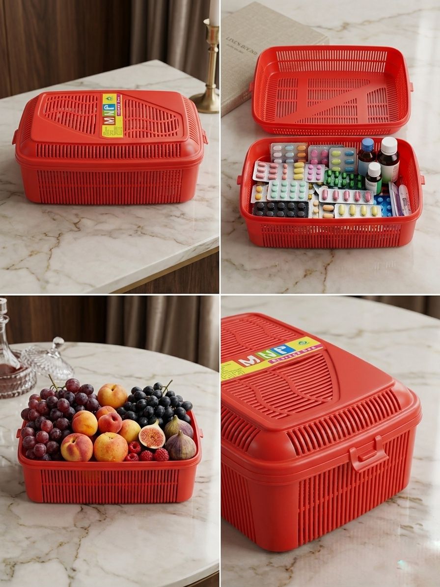 MNP Multipurpose Ventilated Storage Box with Lid – Large Red Plastic Organizer * Option 2 (Functional): 2-in-1 Fruit Drainer & Medicine Storage Basket – Durable Plastic Utility Box